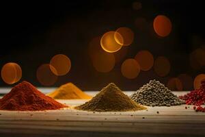 various spices and spices on a wooden table. AI-Generated photo