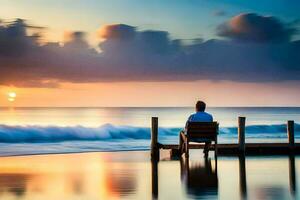 un hombre se sienta en un banco con vista a el Oceano a puesta de sol. generado por ai foto