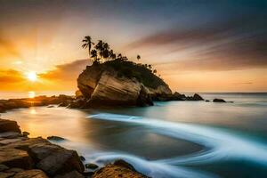 the sun rises over the ocean and rocks in the foreground. AI-Generated photo