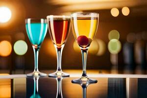 three glasses of different colored drinks on a bar. AI-Generated photo