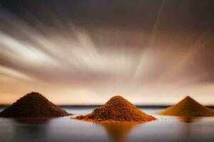 three piles of sand in the water with a sky background. AI-Generated photo