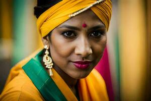 a woman wearing a yellow headscarf and earrings. AI-Generated photo
