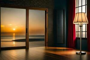 a room with a floor lamp and a view of the ocean. AI-Generated photo