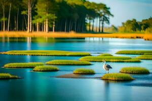 un pájaro soportes en el borde de un lago rodeado por césped. generado por ai foto