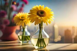 sunflowers in vases on a table with cityscape in the background. AI-Generated photo
