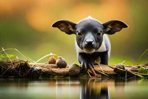 a puppy is standing on a log by the water. AI-Generated photo