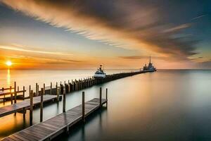 a long exposure photograph of a dock at sunset. AI-Generated photo