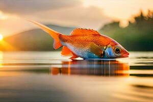 a fish is floating on the water at sunset. AI-Generated photo