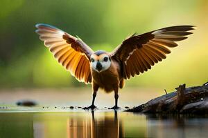 un pájaro con sus alas untado fuera en el agua. generado por ai foto