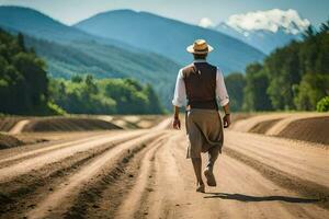 a man in a hat and vest walking down a dirt road. AI-Generated photo