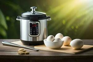 an electric pressure cooker with eggs and a bowl of eggs. AI-Generated photo