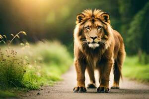 un león caminando abajo un la carretera en el medio de un campo. generado por ai foto