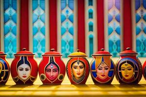 a row of colorful painted pots with faces on them. AI-Generated photo