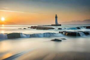 a lighthouse stands in the water at sunset. AI-Generated photo
