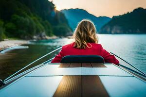 a woman is sitting in the back of a boat. AI-Generated photo