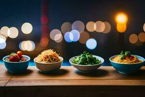 a row of bowls with food on a table. AI-Generated photo