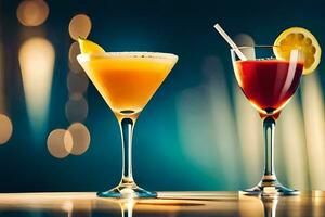 two cocktails on a table with a blurred background. AI-Generated photo