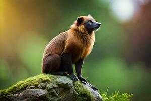 a brown monkey sitting on top of a rock. AI-Generated photo