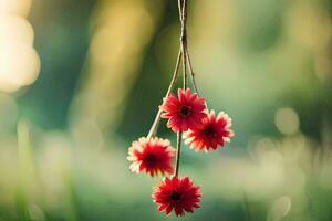 red flowers hanging from a string in the sunlight. AI-Generated photo