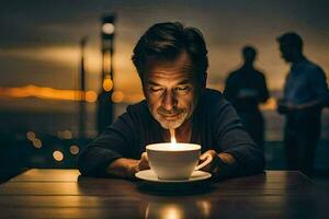 un hombre es sentado a un mesa con un taza de café y un vela. generado por ai foto