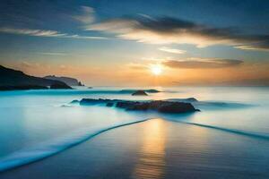 the sun rises over the ocean in this long exposure photograph. AI-Generated photo