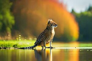 a cheetah is standing on the edge of a lake. AI-Generated photo