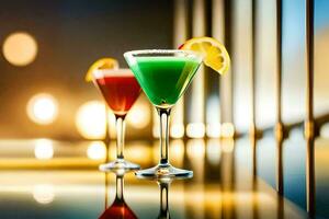 two colorful cocktails on a bar counter. AI-Generated photo