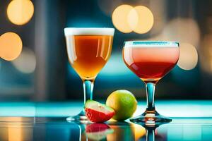 two glasses of different drinks on a table. AI-Generated photo