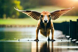 a dog with wings standing on the water. AI-Generated photo