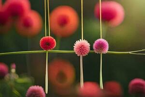 Tres flores son colgando desde un cadena. generado por ai foto