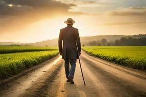 un hombre en un traje y sombrero caminando abajo un suciedad la carretera. generado por ai foto