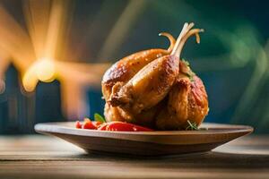 chicken wings on a wooden plate with a blurry background. AI-Generated photo