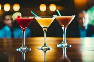 three different cocktails on a bar. AI-Generated photo