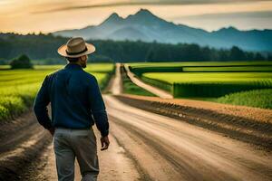 a man in a hat walks down a dirt road. AI-Generated photo