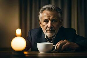 an older man in a suit sitting at a table with a cup of coffee. AI-Generated photo