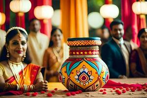 un mujer en tradicional indio atuendo se sienta siguiente a un grande maceta. generado por ai foto