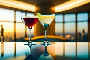 two glasses of cocktails on a table with a view of the city. AI-Generated photo