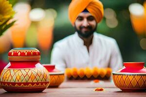 a man in turban sitting in front of colorful pots. AI-Generated photo
