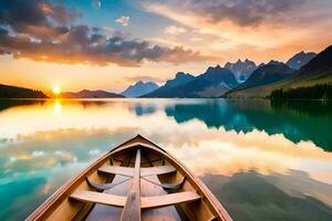 the boat is on the calm water of a lake with mountains in the background. AI-Generated photo