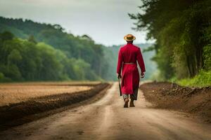 a man in a red coat walks down a dirt road. AI-Generated photo