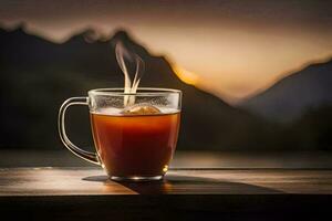 un taza de té en un mesa con montañas en el antecedentes. generado por ai foto