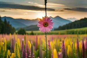 a pink flower stands in front of a mountain range. AI-Generated photo