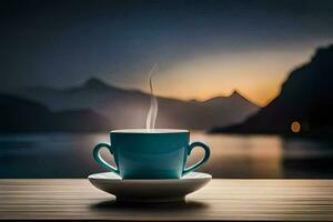 un taza de café en un mesa con montañas en el antecedentes. generado por ai foto