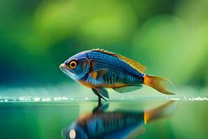 a fish is standing on the water with its reflection. AI-Generated photo