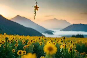 sunflowers in the field at sunset. AI-Generated photo