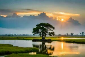 a lone tree stands in the middle of a marsh at sunset. AI-Generated photo