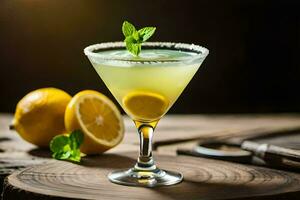 a cocktail with lemon and mint on a wooden table. AI-Generated photo