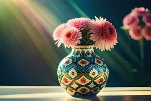 a vase with flowers on a table in front of a window. AI-Generated photo