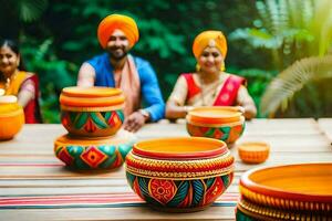 indian family with colorful pottery. AI-Generated photo