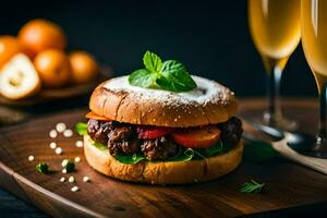 a hamburger with meat and vegetables on a wooden board. AI-Generated photo